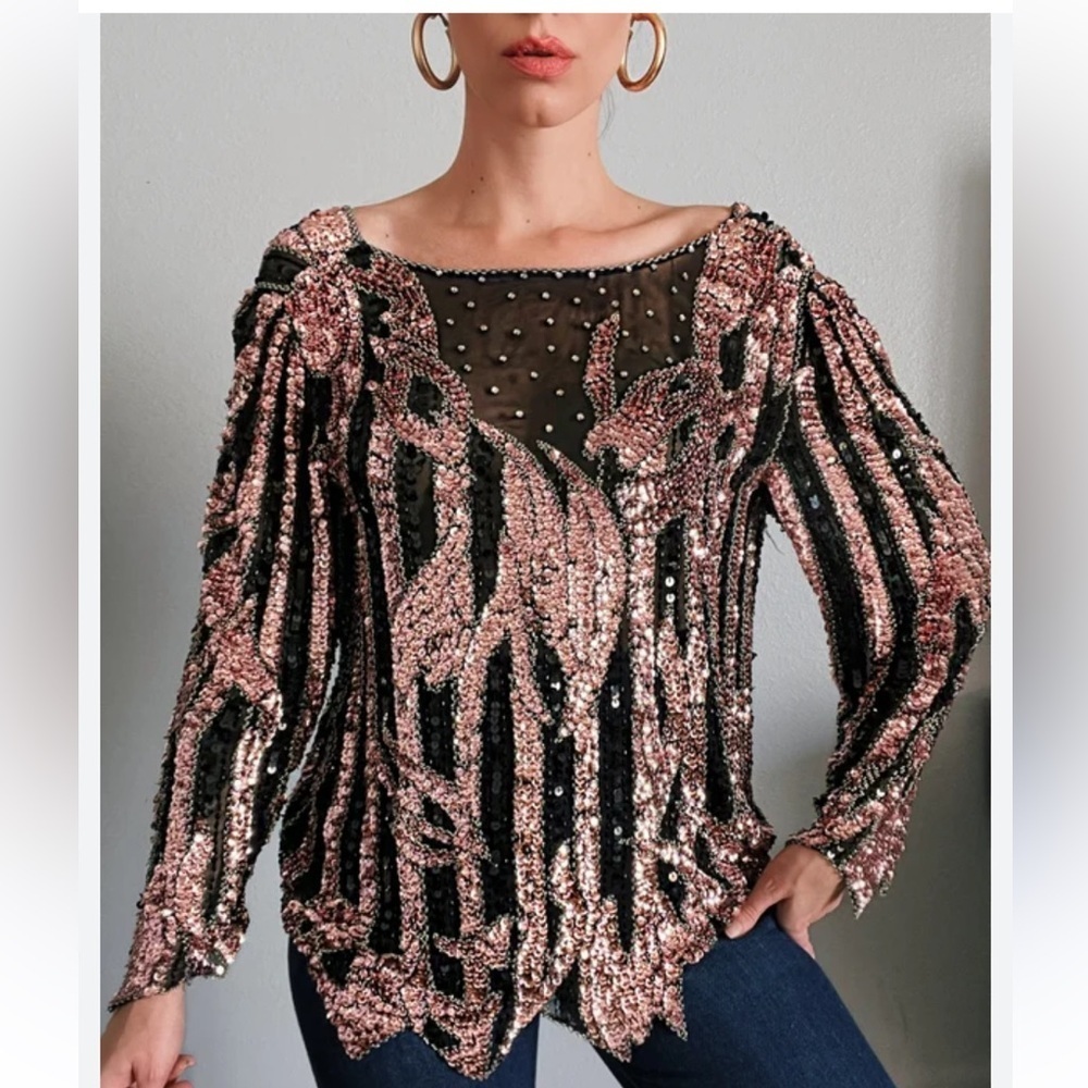 Vintage Sho Max Baby Pink Sequin Top with Rhinestones - Picture 2 of 12